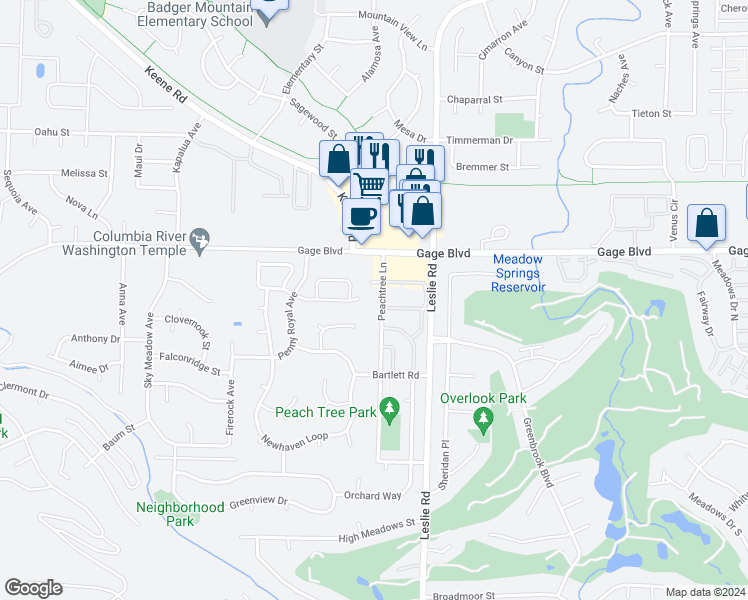 map of restaurants, bars, coffee shops, grocery stores, and more near 1821 Peach Tree Lane in Richland