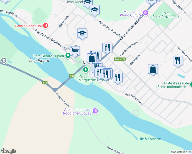 map of restaurants, bars, coffee shops, grocery stores, and more near 92 Place du 21-Mars in Nicolet