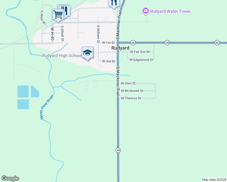 map of restaurants, bars, coffee shops, grocery stores, and more near 19320 South Mackinac Trail in Rudyard