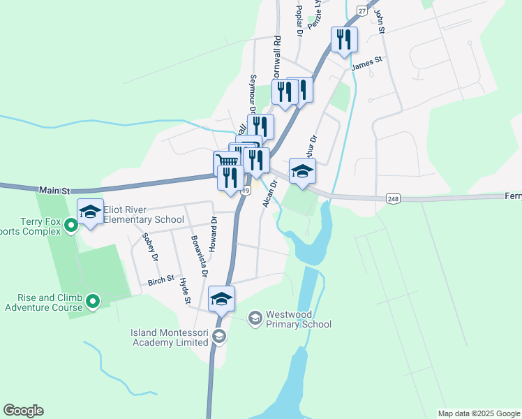 map of restaurants, bars, coffee shops, grocery stores, and more near 22 Alcan Drive in Cornwall