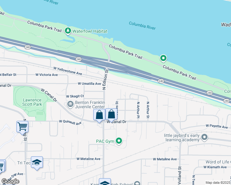 map of restaurants, bars, coffee shops, grocery stores, and more near 1548 North Edison Street in Kennewick