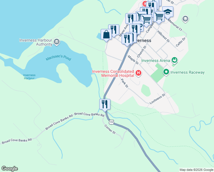 map of restaurants, bars, coffee shops, grocery stores, and more near 5 Central Avenue in Inverness