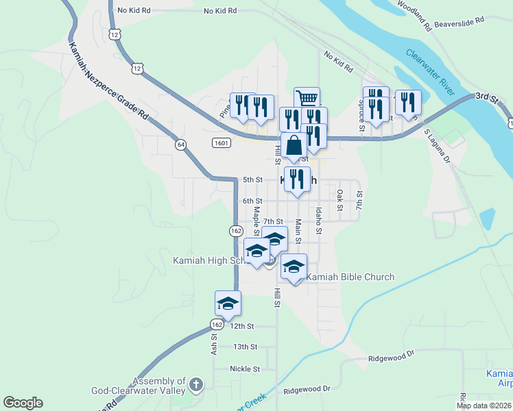 map of restaurants, bars, coffee shops, grocery stores, and more near 620 Maple Street in Kamiah