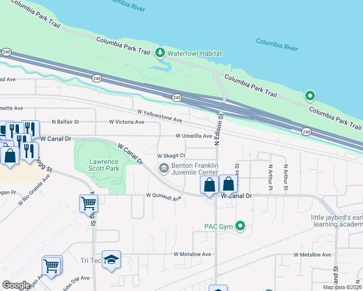 map of restaurants, bars, coffee shops, grocery stores, and more near 5500-5504 West Umatilla Avenue in Kennewick