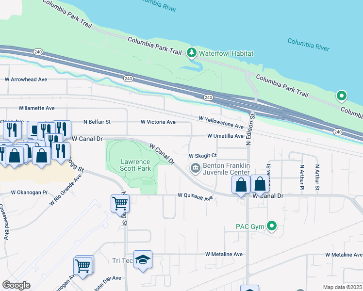map of restaurants, bars, coffee shops, grocery stores, and more near 5618 West Umatilla Avenue in Kennewick