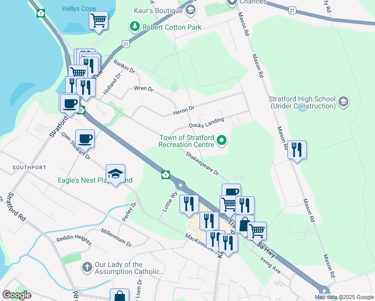 map of restaurants, bars, coffee shops, grocery stores, and more near 280 Shakespeare Drive in Stratford