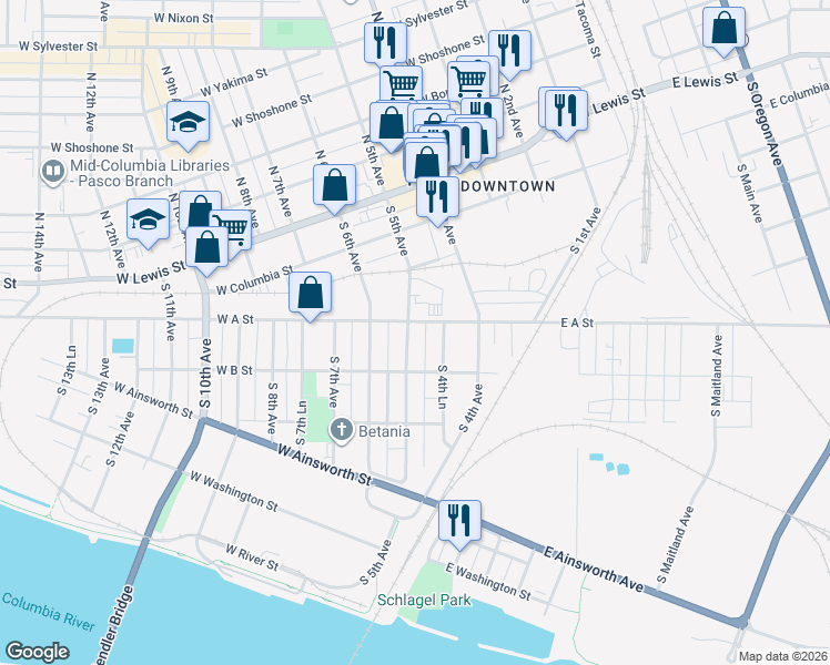 map of restaurants, bars, coffee shops, grocery stores, and more near 21 West A Street in Pasco