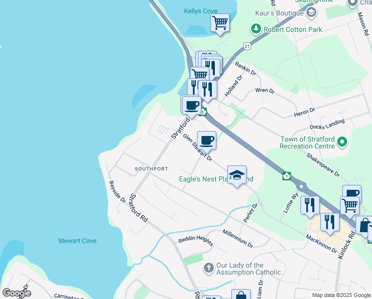 map of restaurants, bars, coffee shops, grocery stores, and more near 18 Glen Stewart Drive in Stratford