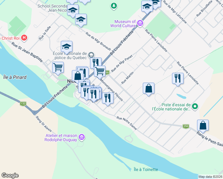 map of restaurants, bars, coffee shops, grocery stores, and more near 313 Rue de Monseigneur Plessis in Nicolet