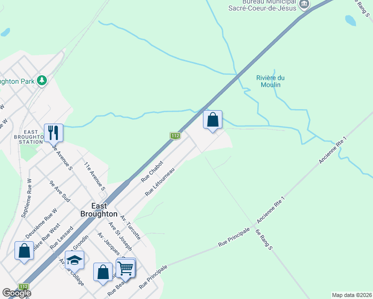 map of restaurants, bars, coffee shops, grocery stores, and more near 117-249 Rue Létourneau in East Broughton