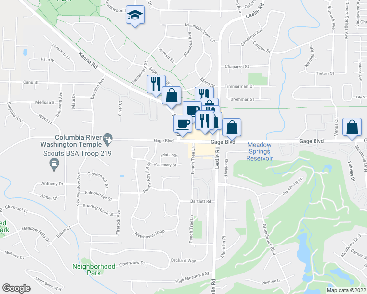 map of restaurants, bars, coffee shops, grocery stores, and more near 705 Gage Boulevard in Richland