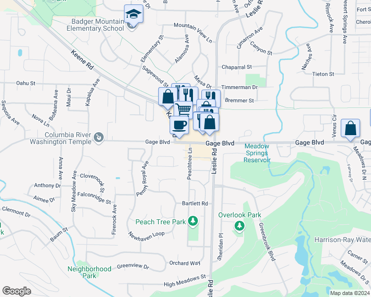 map of restaurants, bars, coffee shops, grocery stores, and more near 705 Gage Boulevard in Richland