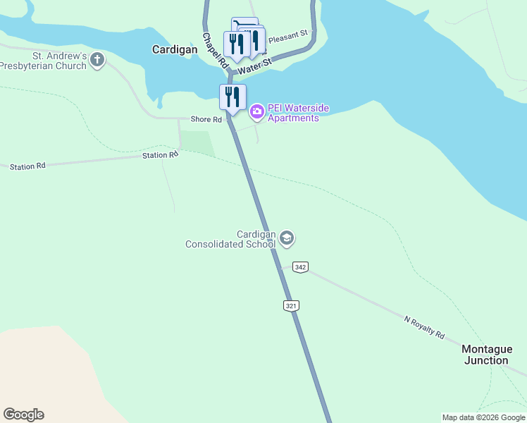 map of restaurants, bars, coffee shops, grocery stores, and more near 4645 Wharf Road in Cardigan