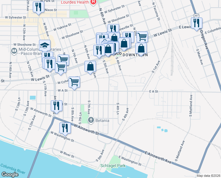 map of restaurants, bars, coffee shops, grocery stores, and more near 21 West A Street in Pasco