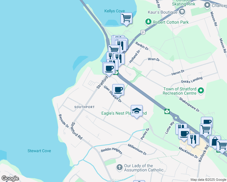 map of restaurants, bars, coffee shops, grocery stores, and more near 11 Glen Stewart Drive in Stratford
