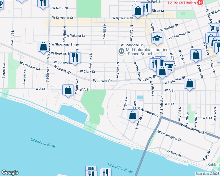 map of restaurants, bars, coffee shops, grocery stores, and more near 1517 West A Street in Pasco