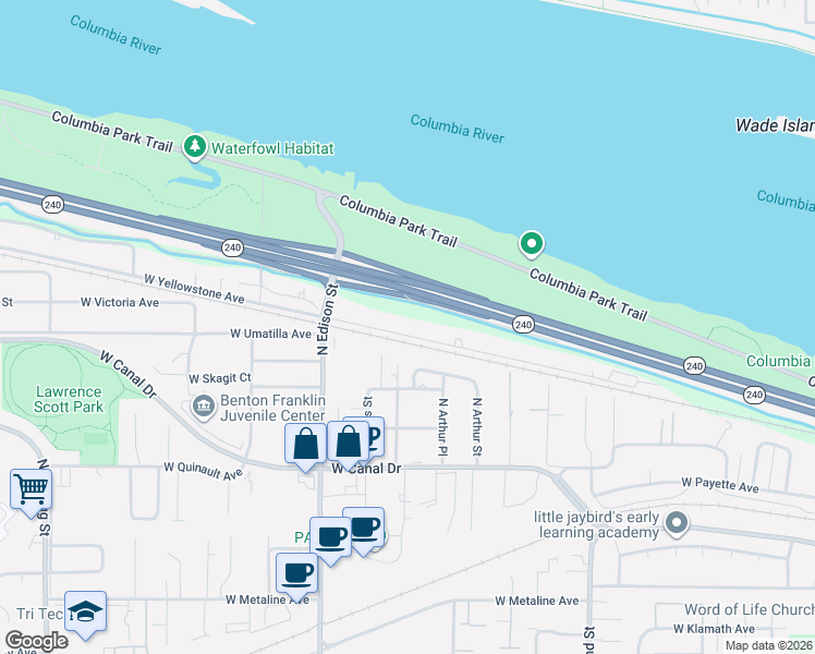 map of restaurants, bars, coffee shops, grocery stores, and more near 5016 West Yellowstone Avenue in Kennewick