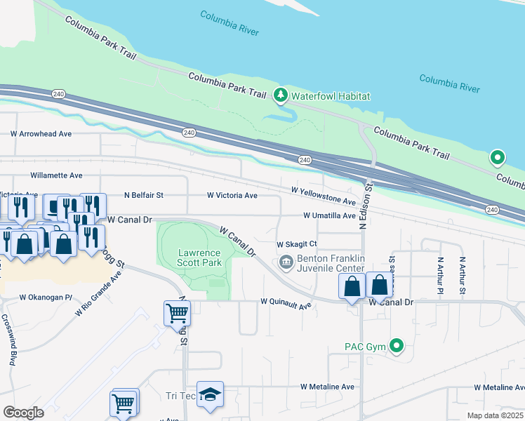 map of restaurants, bars, coffee shops, grocery stores, and more near 5618 West Umatilla Avenue in Kennewick