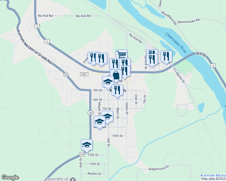 map of restaurants, bars, coffee shops, grocery stores, and more near 5th Street in Kamiah