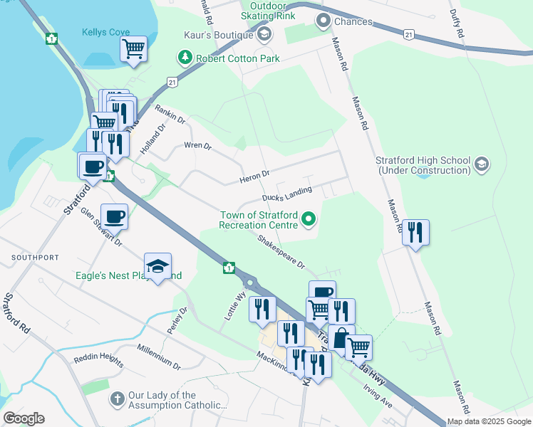 map of restaurants, bars, coffee shops, grocery stores, and more near 280 Shakespeare Drive in Stratford
