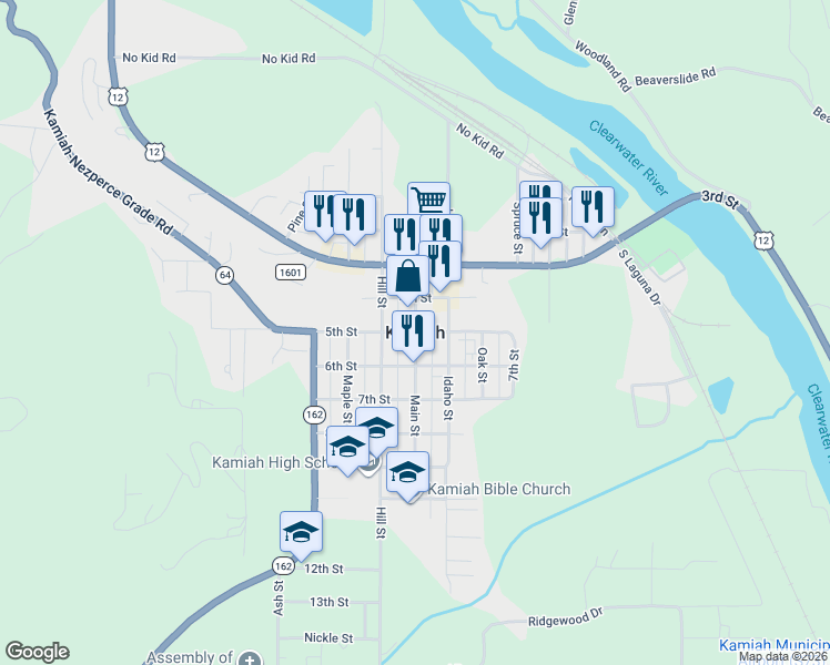 map of restaurants, bars, coffee shops, grocery stores, and more near in Kamiah
