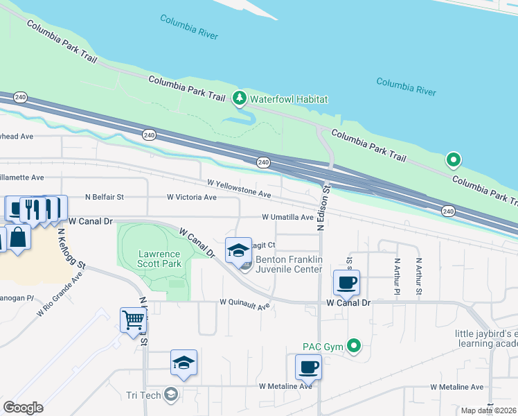 map of restaurants, bars, coffee shops, grocery stores, and more near 5504 West Umatilla Avenue in Kennewick