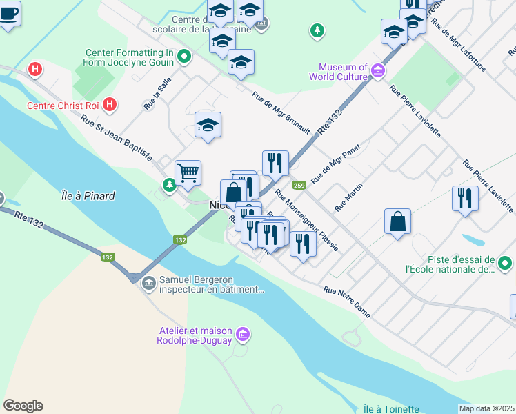 map of restaurants, bars, coffee shops, grocery stores, and more near 72 Rue Léon Xiii in Nicolet