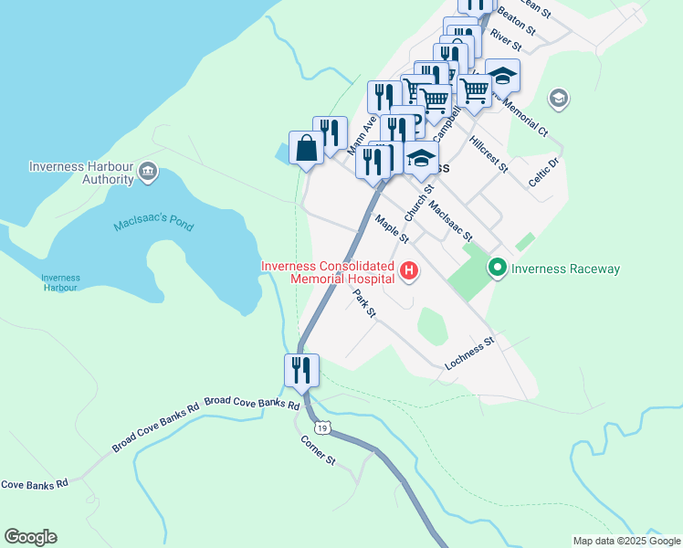 map of restaurants, bars, coffee shops, grocery stores, and more near 2 Park Street in Inverness