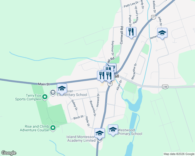 map of restaurants, bars, coffee shops, grocery stores, and more near 466 Prince Edward Island 1 in Cornwall