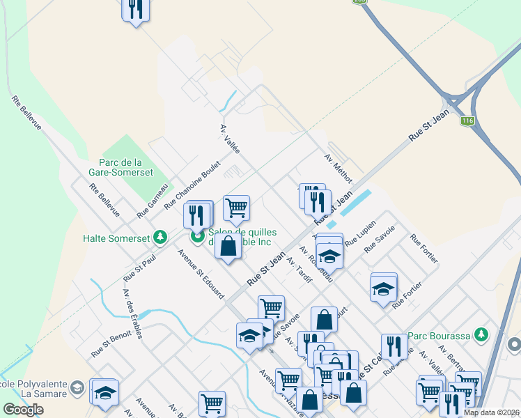 map of restaurants, bars, coffee shops, grocery stores, and more near 2175 Avenue Rousseau in Plessisville