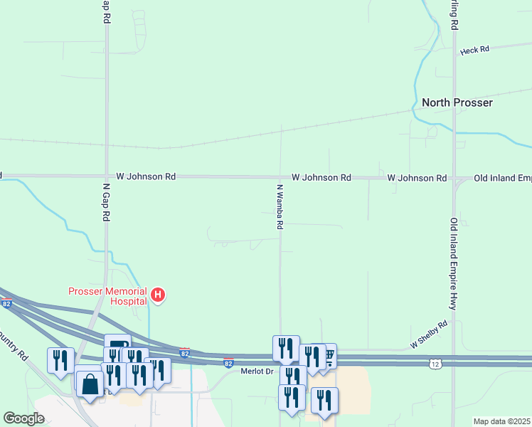 map of restaurants, bars, coffee shops, grocery stores, and more near 7502 North Wamba Road in Prosser