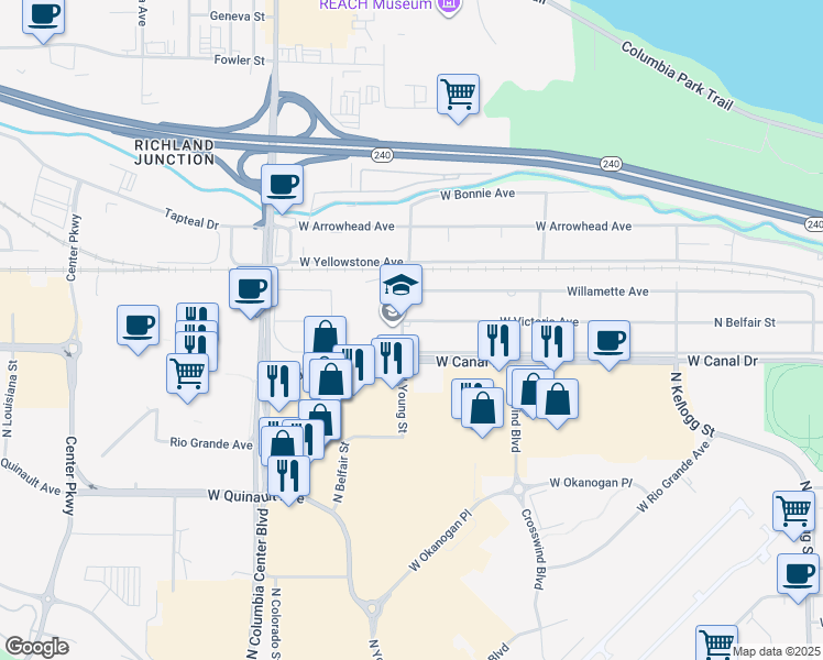 map of restaurants, bars, coffee shops, grocery stores, and more near 1610 North Young Street in Kennewick