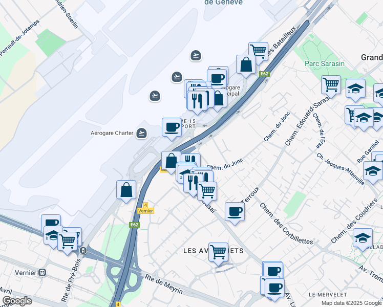 map of restaurants, bars, coffee shops, grocery stores, and more near 10 Chemin de la Violette in Meyrin