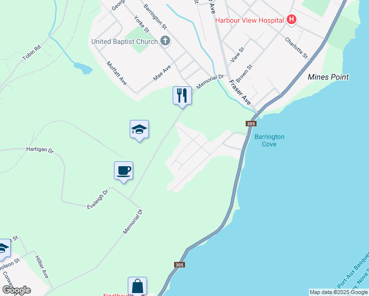 map of restaurants, bars, coffee shops, grocery stores, and more near Birchwood Drive in Sydney Mines