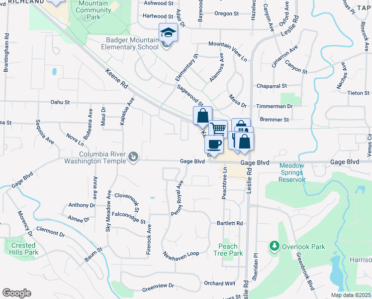 map of restaurants, bars, coffee shops, grocery stores, and more near 221 Silverwood Court in Richland