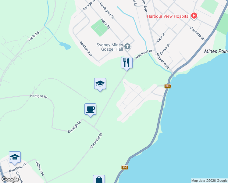 map of restaurants, bars, coffee shops, grocery stores, and more near Memorial Drive in Sydney Mines