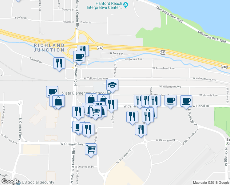 map of restaurants, bars, coffee shops, grocery stores, and more near 1702 North Young Street in Kennewick