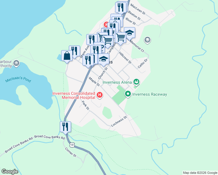 map of restaurants, bars, coffee shops, grocery stores, and more near 54 Railway Street in Inverness
