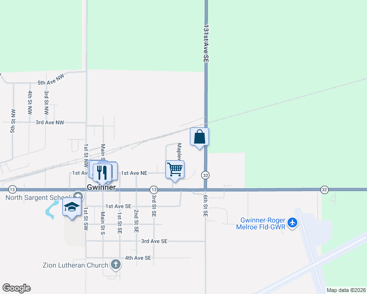 map of restaurants, bars, coffee shops, grocery stores, and more near 139-142 Maplewood Drive in Gwinner