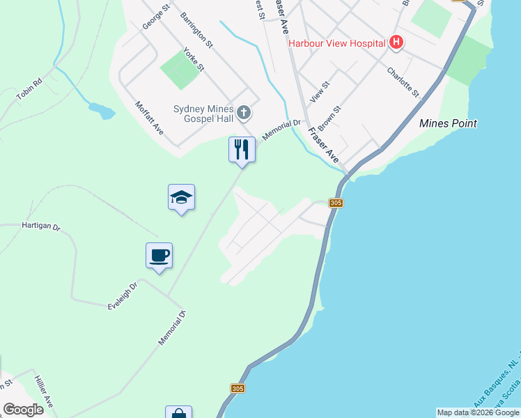 map of restaurants, bars, coffee shops, grocery stores, and more near Birchwood Drive in Sydney Mines