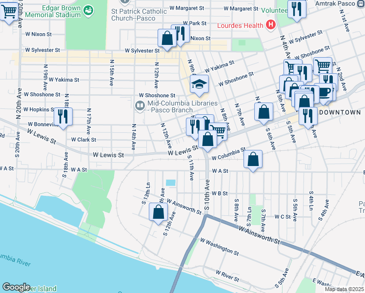 map of restaurants, bars, coffee shops, grocery stores, and more near 1215 West Lewis Street in Pasco