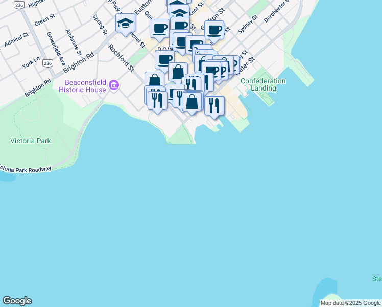 map of restaurants, bars, coffee shops, grocery stores, and more near 250 Maple Hills Avenue in Charlottetown