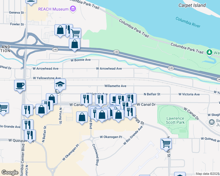 map of restaurants, bars, coffee shops, grocery stores, and more near 6621 West Willamette Avenue in Kennewick