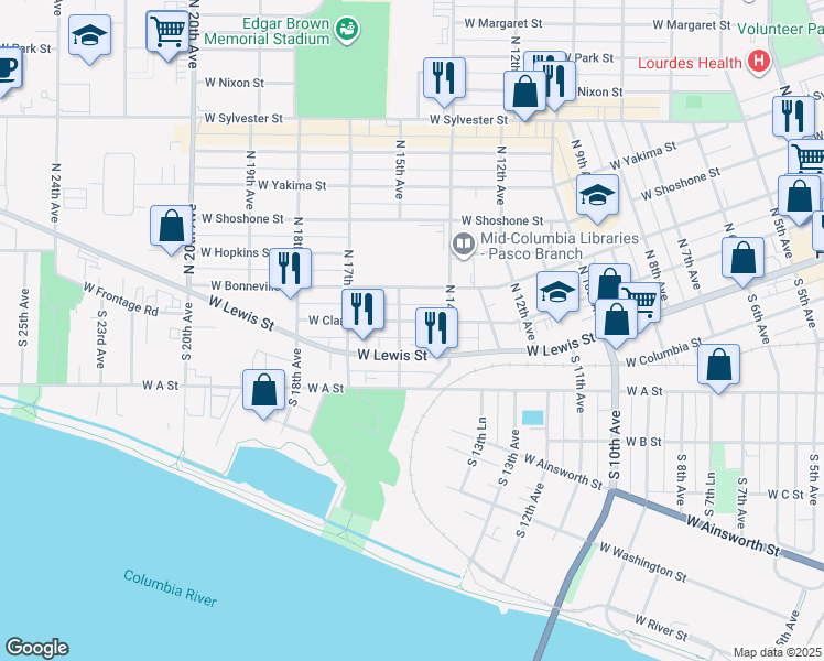 map of restaurants, bars, coffee shops, grocery stores, and more near 1524 West Clark Street in Pasco