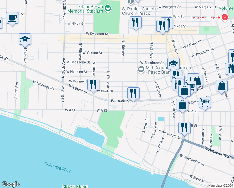 map of restaurants, bars, coffee shops, grocery stores, and more near 1608 West Clark Street in Pasco