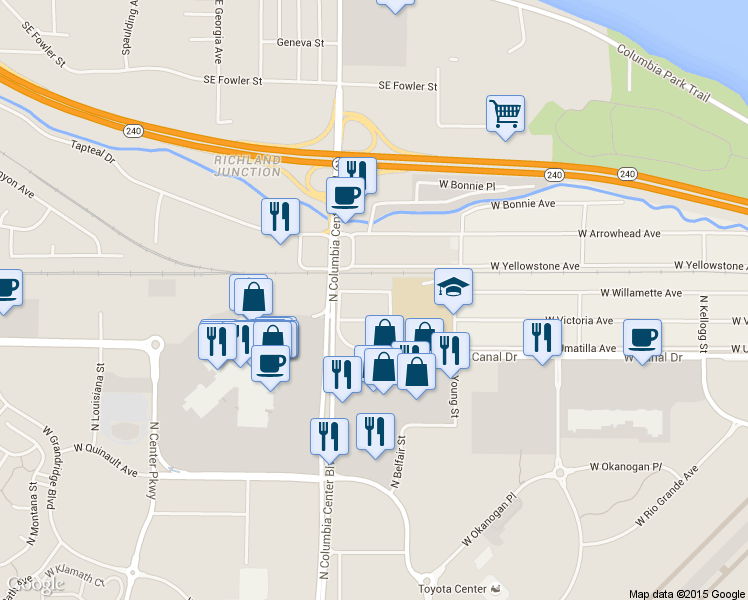 map of restaurants, bars, coffee shops, grocery stores, and more near 7515 West Willamette Avenue in Kennewick