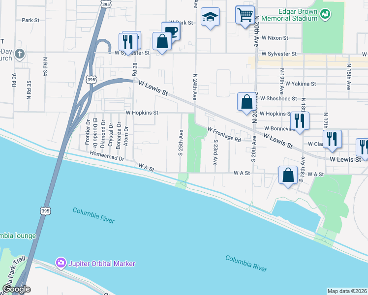 map of restaurants, bars, coffee shops, grocery stores, and more near 509 South 25th Avenue in Pasco