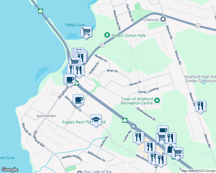map of restaurants, bars, coffee shops, grocery stores, and more near 76 Heron Drive in Stratford