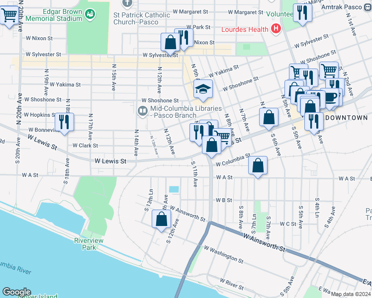 map of restaurants, bars, coffee shops, grocery stores, and more near 1215 West Lewis Street in Pasco