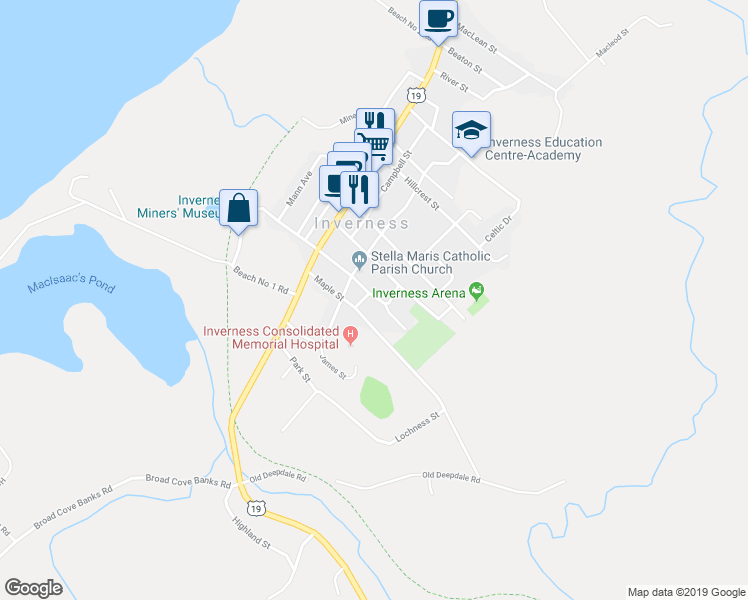 map of restaurants, bars, coffee shops, grocery stores, and more near 50 Upper Railway Street in Inverness